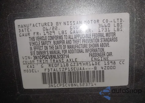 2022 Nissan Kicks Sv Xtronic Cvt from USA, damaged, VIN 3N1CP5CV8NL523714